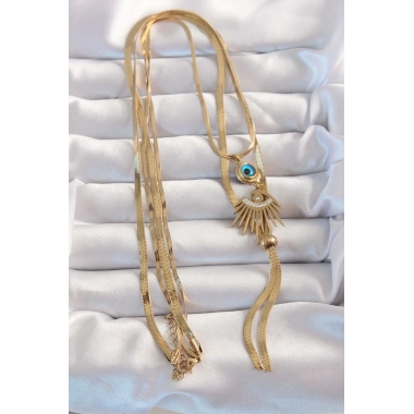 316L Çelik Gold Renk Zirkon Taşlı Göz Detay Nazarlı Uzun Asansör Model Kolye
