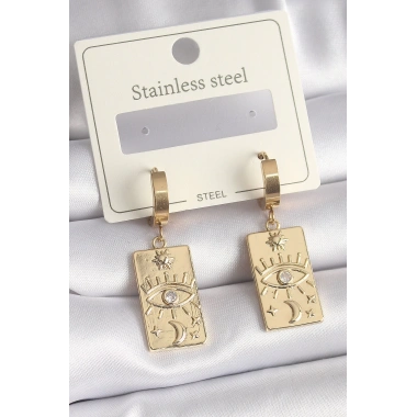 316L Çelik Gold Renk Zirkon Taşlı Göz İşleme Detay Plaka Model Kadın Küpe