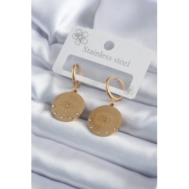 316L Çelik Gold Renk Zirkon Taşlı Göz İşleme Model Kadın Küpe