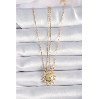316L Çelik Gold Renk Zirkon Taşlı Güneş Model İşleme Yazı Detay Arkadaş Kolyesi