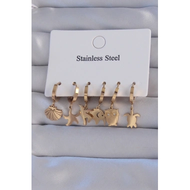 316L Çelik Gold Renk Zirkon Taşlı Hayvan Figürlü Deniz Yıldızı Model Halka Küpe Seti