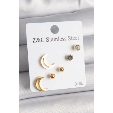 316L Çelik Gold Renk Zirkon Taşlı Hilal Model Kadın Küpe Seti