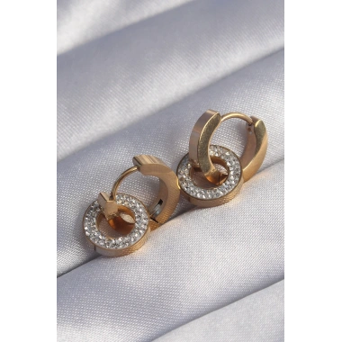 316L Çelik Gold Renk Zirkon Taşlı İç İçe Geçmeli Oval Küpe