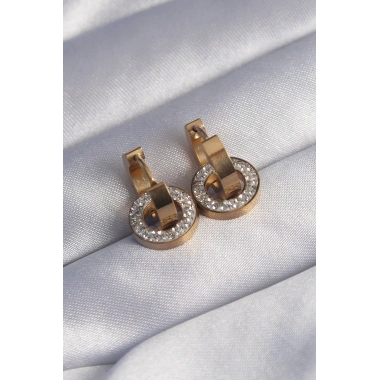 316L Çelik Gold Renk Zirkon Taşlı İç İçe Geçmeli Oval Küpe