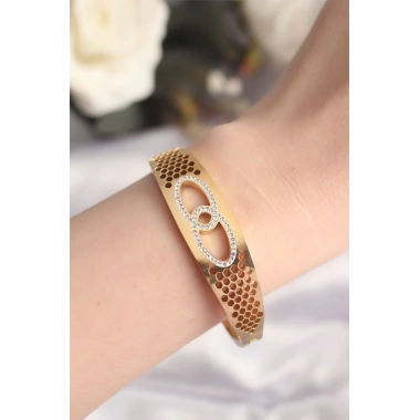 316L Çelik Gold Renk Zirkon Taşlı Kadın Kelepçe Bilezik