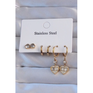 316L Çelik Gold Renk Zirkon Taşlı Kalp Model Halka Küpe Seti
