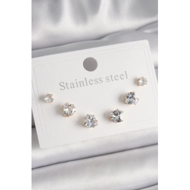 316L Çelik Gold Renk Zirkon Taşlı Kalp Model Kadın Küpe Seti