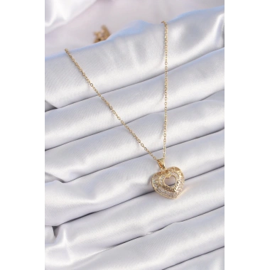 316L Çelik Gold Renk Zirkon Taşlı Kalp Model Vintage Kadın Kolye