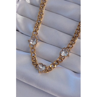 316L Çelik Gold Renk Zirkon Taşlı Kalp Model Zincir Kolye