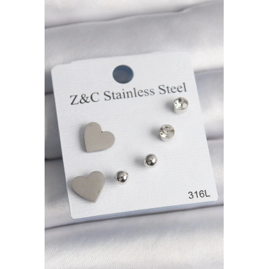 316L Çelik Gold Renk Zirkon Taşlı Kalpli Kadın Küpe Seti