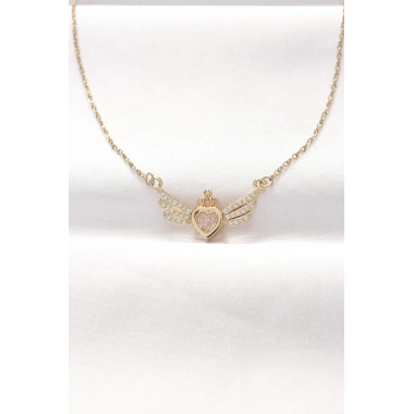 316L Çelik Gold Renk Zirkon Taşlı Kalpli Kanat Kolye