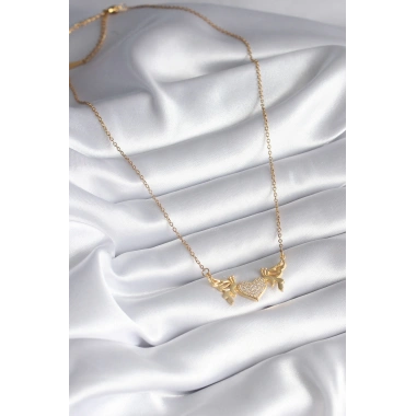 316L Çelik Gold Renk Zirkon Taşlı Kanatlı Kalp Model Kadın Kolye