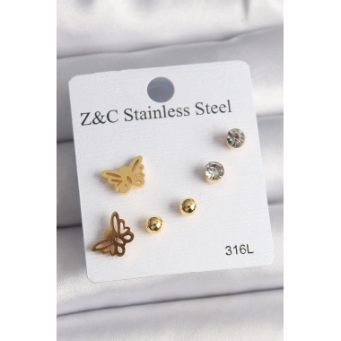 316L Çelik Gold Renk Zirkon Taşlı Kelebek Figür Kadın Küpe Seti