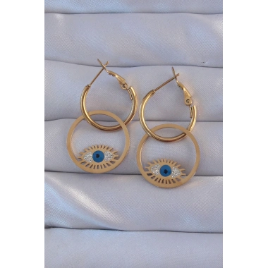 316L Çelik Gold Renk Zirkon Taşlı Mavi Göz Tasarımlı Halka Küpe