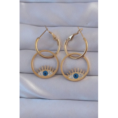 316L Çelik Gold Renk Zirkon Taşlı Mavi Göz Tasarımlı Halka Küpe