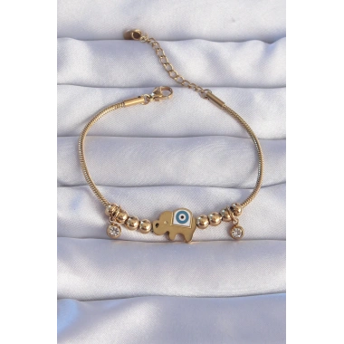 316L Çelik Gold Renk Zirkon Taşlı Nazarlı Fil Tasarımlı Bileklik
