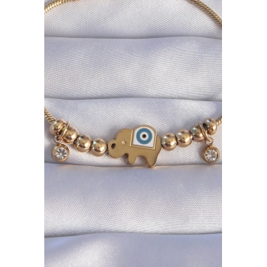 316L Çelik Gold Renk Zirkon Taşlı Nazarlı Fil Tasarımlı Bileklik