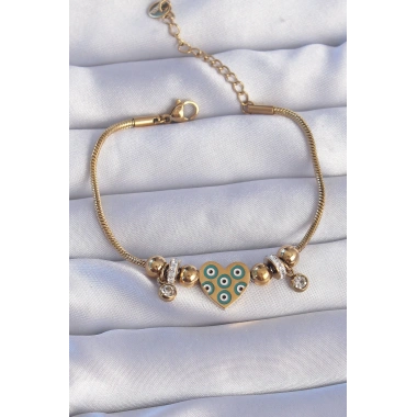 316L Çelik Gold Renk Zirkon Taşlı Nazarlı Kalp Tasarımlı Bileklik