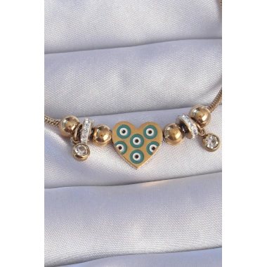 316L Çelik Gold Renk Zirkon Taşlı Nazarlı Kalp Tasarımlı Bileklik