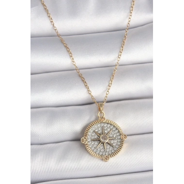 316L Çelik Gold Renk Zirkon Taşlı Pusula Model Kadın Kolye