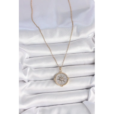 316L Çelik Gold Renk Zirkon Taşlı Pusula Model Kadın Kolye