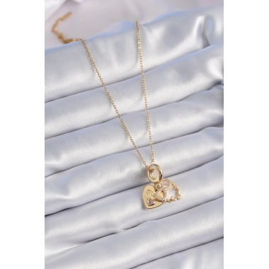 316L Çelik Gold Renk Zirkon Taşlı Sonsuzluk Kalp Figür Charm Model Kadın Kolye