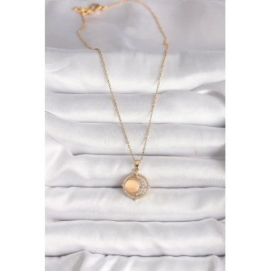 316L Çelik Gold Renk Zirkon Taşlı Turuncu Sedefli Hilal Model Kadın Kolye