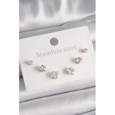 316L Çelik Gold Renk Zirkon Taşlı Yıldız Model Kadın Küpe Seti