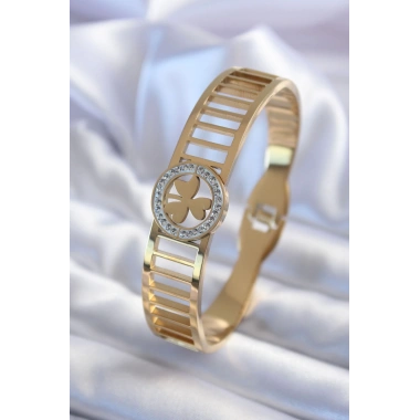 316L Çelik Gold Renk Zirkon Taşlı Yonca Model Kadın Kelepçe