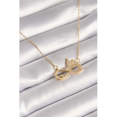 316L Çelik Gold Renk Zirkon Zincir Taşı Sonsuzluk Kelebek Model Kadın Kolye