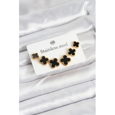 316L Çelik Gold Siyah Renk 3 Boy Yonca Küpe Seti