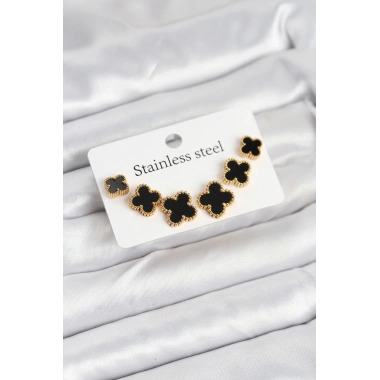 316L Çelik Gold Siyah Renk 3 Boy Yonca Küpe Seti