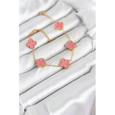 316L Çelik Gold Zincir Pembe Yonca Renk Bileklik