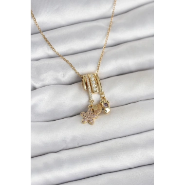 316L Çelik Gold Zirkon Taşlı Deniz Tema Charmlı Kadın Kolye