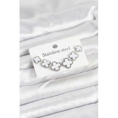 316L Çelik Gümüş Beyaz Renk 3 Boy Yonca Küpe Seti