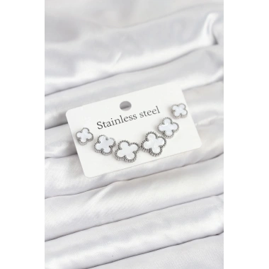 316L Çelik Gümüş Beyaz Renk 3 Boy Yonca Küpe Seti