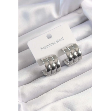 316L Çelik Gümüş Renk 3lü Görünüm Bombe Model Yarım Halka Küpe