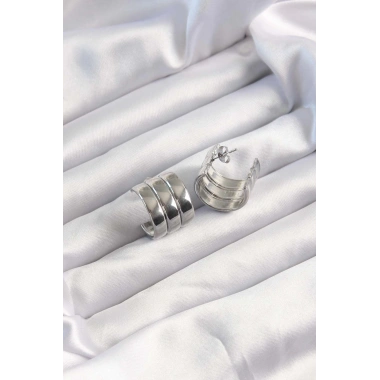 316L Çelik Gümüş Renk 3lü Görünüm Bombe Model Yarım Halka Küpe