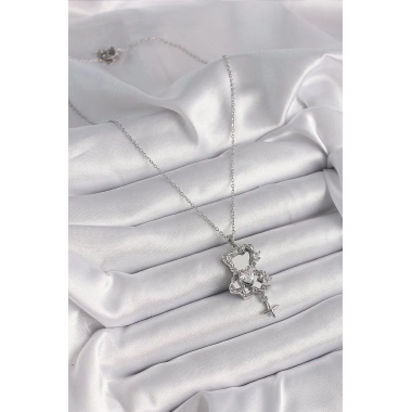 316L Çelik Gümüş Renk Ayna Ayıcık Model Zirkon Taşlı Kalp Detay Kadın Kolye