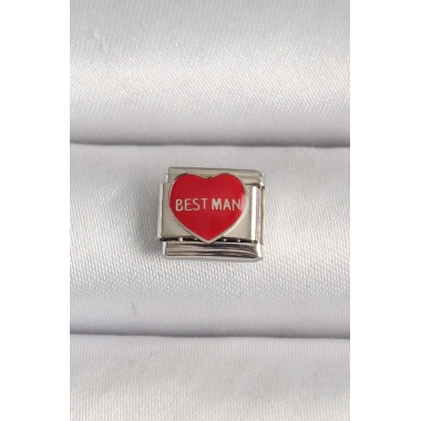 316L Çelik Gümüş Renk Best Man Yazılı Kırmızı Kalp İşlemeli Nomination Charm