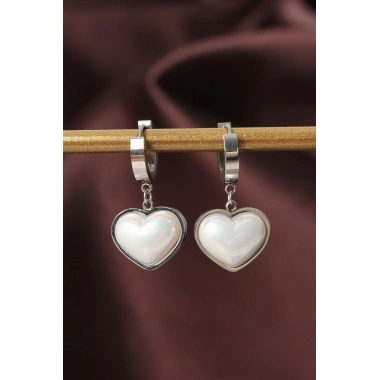 316L Çelik Gümüş Renk Beyaz Bombeli Kalp Küpe