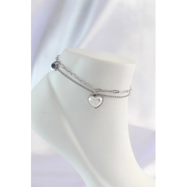 316L Çelik Gümüş Renk Beyaz Kalpli 2li Halhal