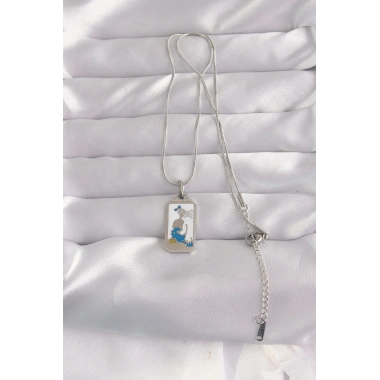 316L Çelik Gümüş Renk Beyaz Mineli Kız Figür Tarot Kolye