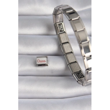 316L Çelik Gümüş Renk Beyaz Pembe Ouma İşlemeli Nomination Charm