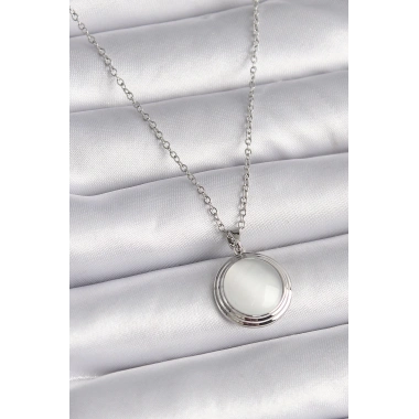 316L Çelik Gümüş Renk Beyaz Sedefli Daire Model Kadın Kolye