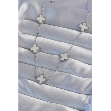 316L Çelik Gümüş Renk Beyaz Sedefli Yonca Kolye