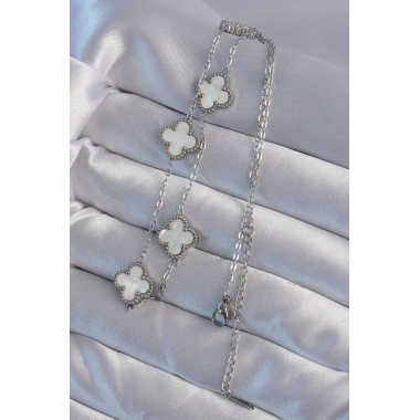 316L Çelik Gümüş Renk Beyaz Sedefli Yonca Kolye