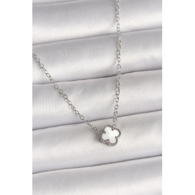 316L Çelik Gümüş Renk Beyaz Yonca Model Kadın Kolye