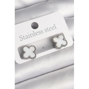 316L Çelik Gümüş Renk Beyaz Yonca Model Kadın Küpe