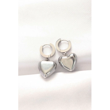 316L Çelik Gümüş Renk Bombeli Kalp Tasarımlı Küpe